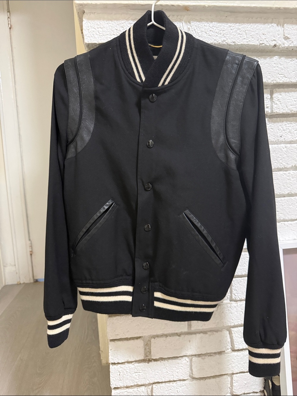 Saint Laurent Black Varsity Jacket with Cream Stripe Ribbing
